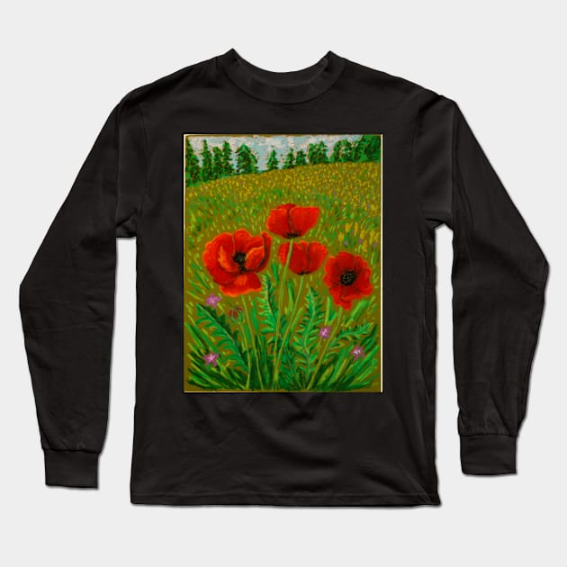 Red poppies in oil pastel Long Sleeve T-Shirt by cschwebel